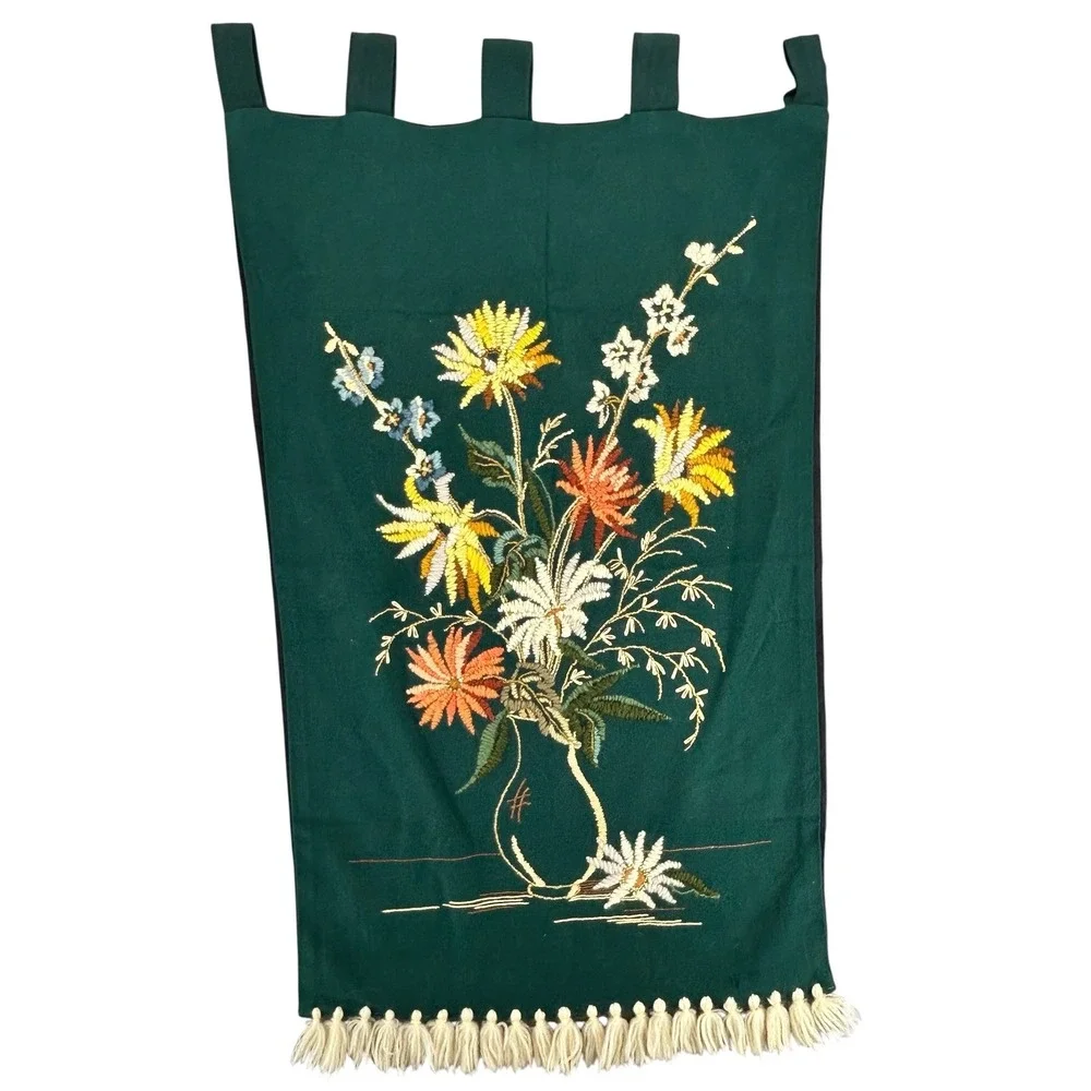 Vintage Floral Embroidered Wall Hanging Tapestry Green Tassel 15x20